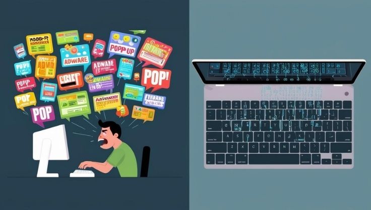 Grafika ilustrująca adware i keyloggery jako zagrożenia cyberbezpieczeństwa