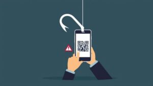 Grafika ostrzegająca przed quishingiem - phishingiem z użyciem kodów QR