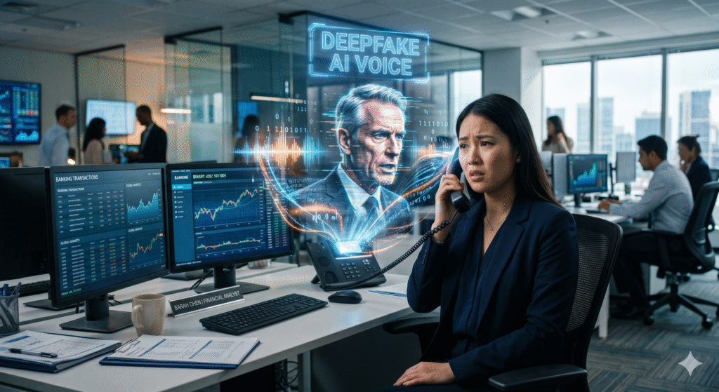 Pracownik biurowy odbierający telefon vishing 2.0 z wizualizacją głosu AI typu deepfake – praktyczne szkolenia z cyberbezpieczeństwa na Śląsku.